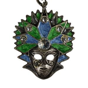 PEWTER MARDI GRAS MASQUERADE MASK Pendant Green Blue Glass Stone Keychain Gray